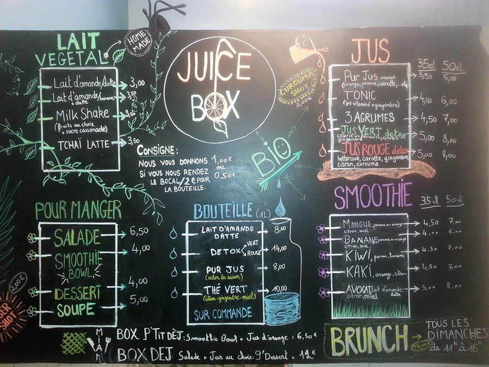 Juice Box bar à jus vegan fruits legumes paris menu